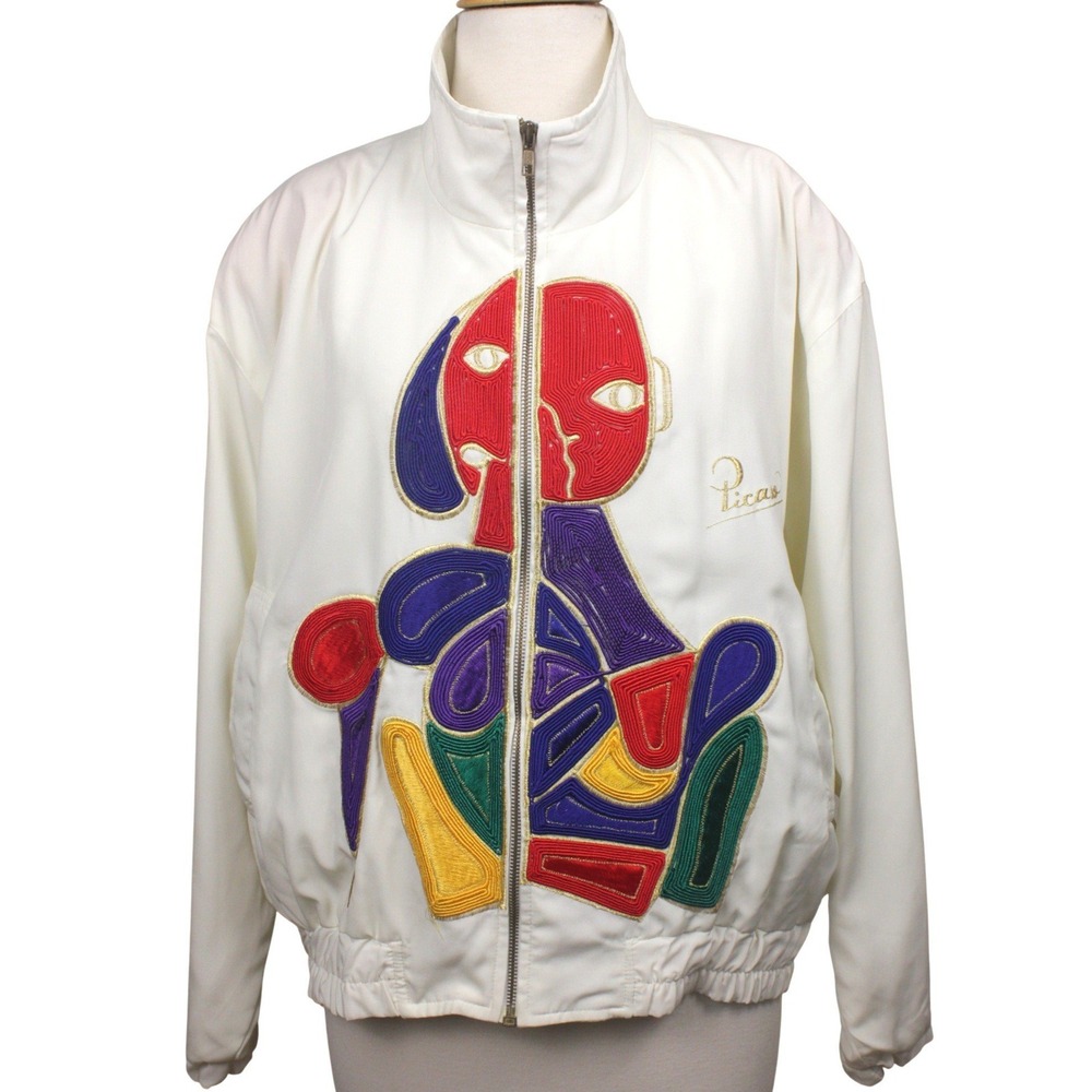 Vintage Picasso Inspired Abstract Face Bomber Jacket Applique Wearable Art Large
